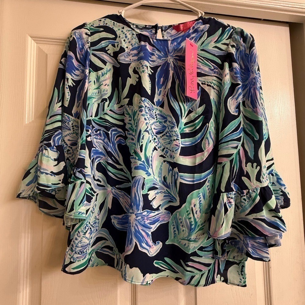 Lilly Pulitzer Blouse Womens XXS Navy Blue Floral Ruffle Sleeve Keyhole Top NWT